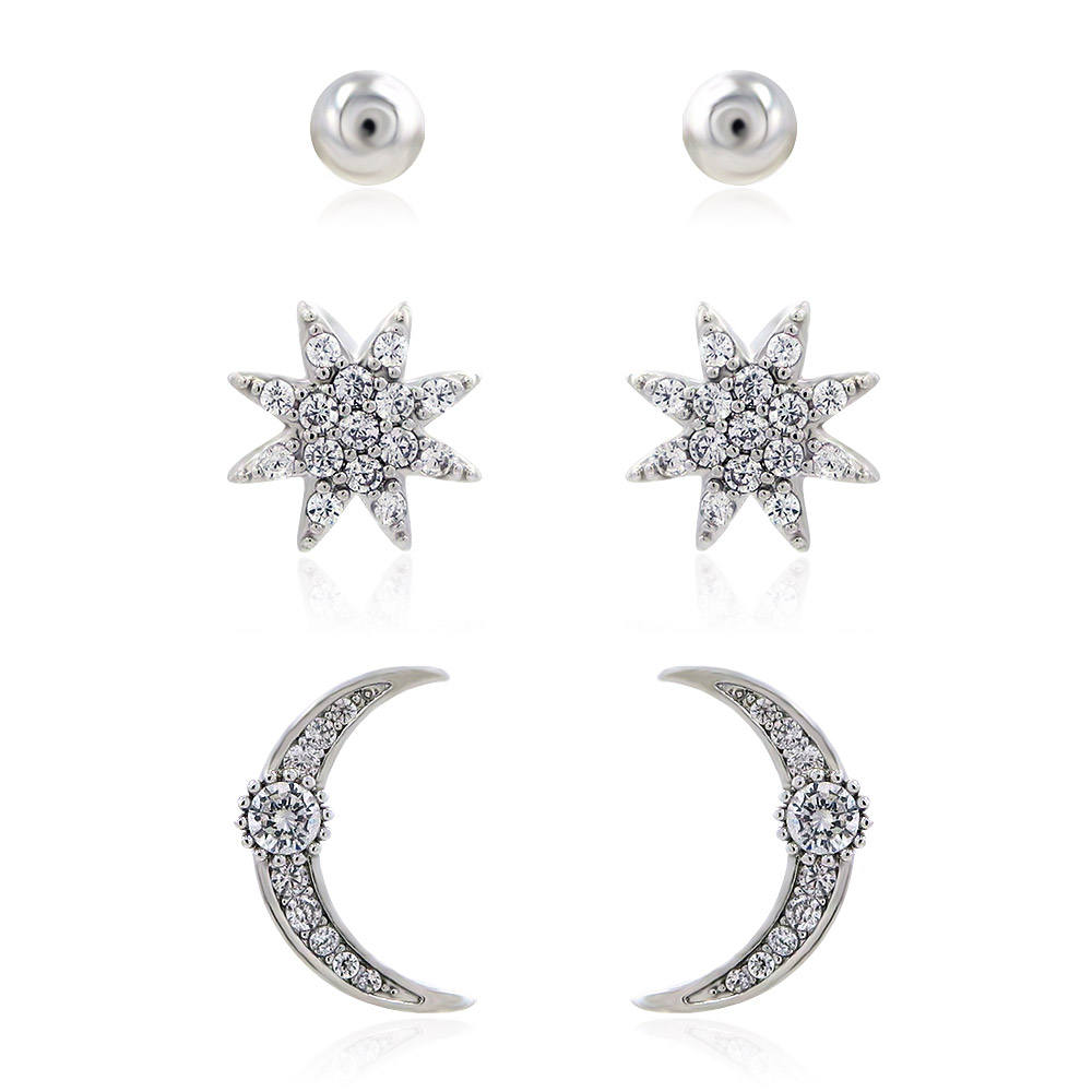 3 Pairs of Starbrust Moon Cubic Zirconia Stud Earrings 